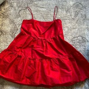 Cynthia Rowley Dress Red Silk Taffeta Babydoll Tiered Mini Dress Size M